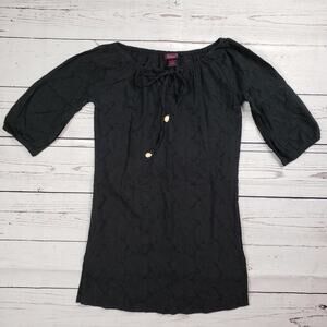 Blushes Half Sleeve Solid Black Eyelet Design Tunic Top Women's Size Small